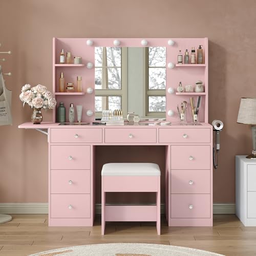 Vanity Desk & Power Outlet, Makeup Vanity with Mirror and 10 LED Lights, 3 Lighting Modes Brightness Adjustable