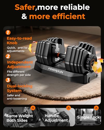 FEIERDUN Adjustable Dumbbell Set, 5-52.5lb Free Weight Dumbbells, 15 in 1, Quick Adjust Weight Set with Non-slip Handles and Tray
