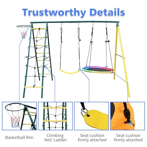 Metal Swing Sets for Backyard for Kids 3-12, 6 in 1 Swing Sets, Heavy-Duty Playground Backyard Set with 2 Swings, Glider, Climbing Ladder and Rope