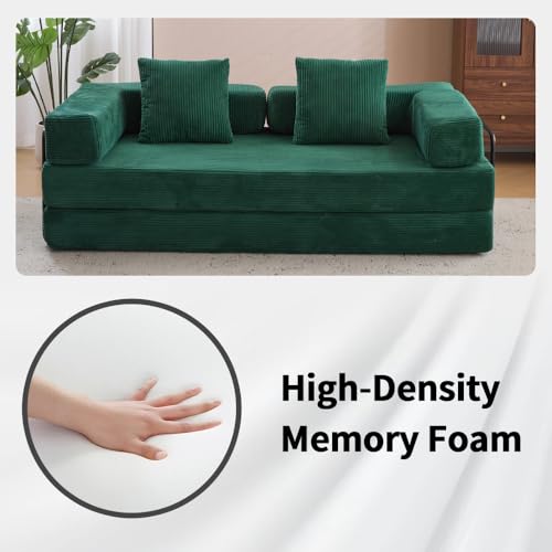 Convertible Sleeper Sofa Bed with Cylindrical Pillow, Corduroy Folding Mattress Couch with Fixed-Shape Frame