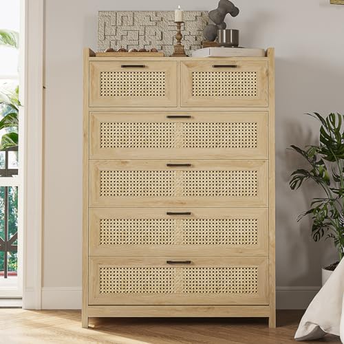Rattan Dresser for Bedroom with LED Lights, Modern 6 Drawer Dresser with Metal Handles, Wood Storage Chest of Drawers Dresser for Closet, Bedroom