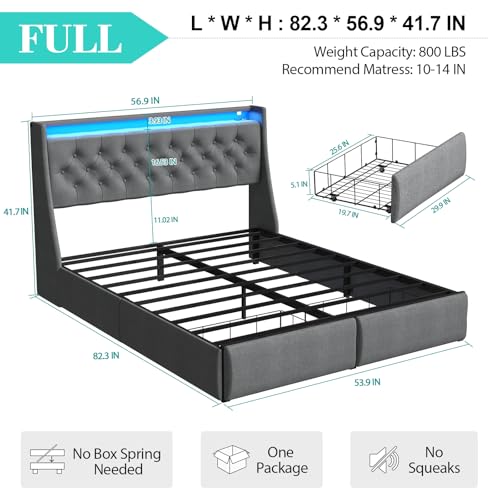 Queen Bed Frame with 2 Storage Drawers, Platform Bed Frame Queen Size with LED Light, Upholstered Headboard, Charging Station, Steel Slat Support