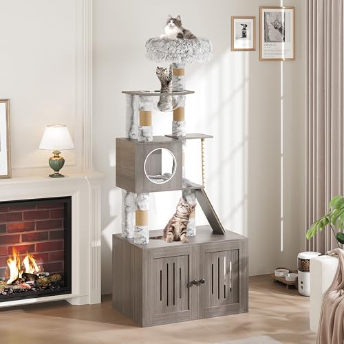 Cat Tree with Litter Box Enclosure, 2-in-1 Cat Tower, 66.9-Inch Tall Cat Condo with Scratching Posts, Perch (Grey)
