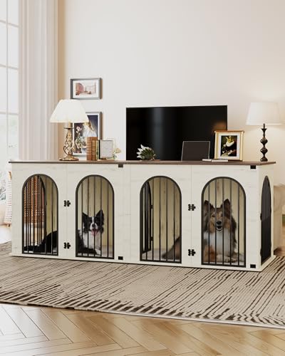 71" Dog Crate Furniture for 2 Dogs, Heavy Duty Indoor Dog Kennel TV Stand, XXL Wooden Dog Cage with Divider for Medium Large Dogs