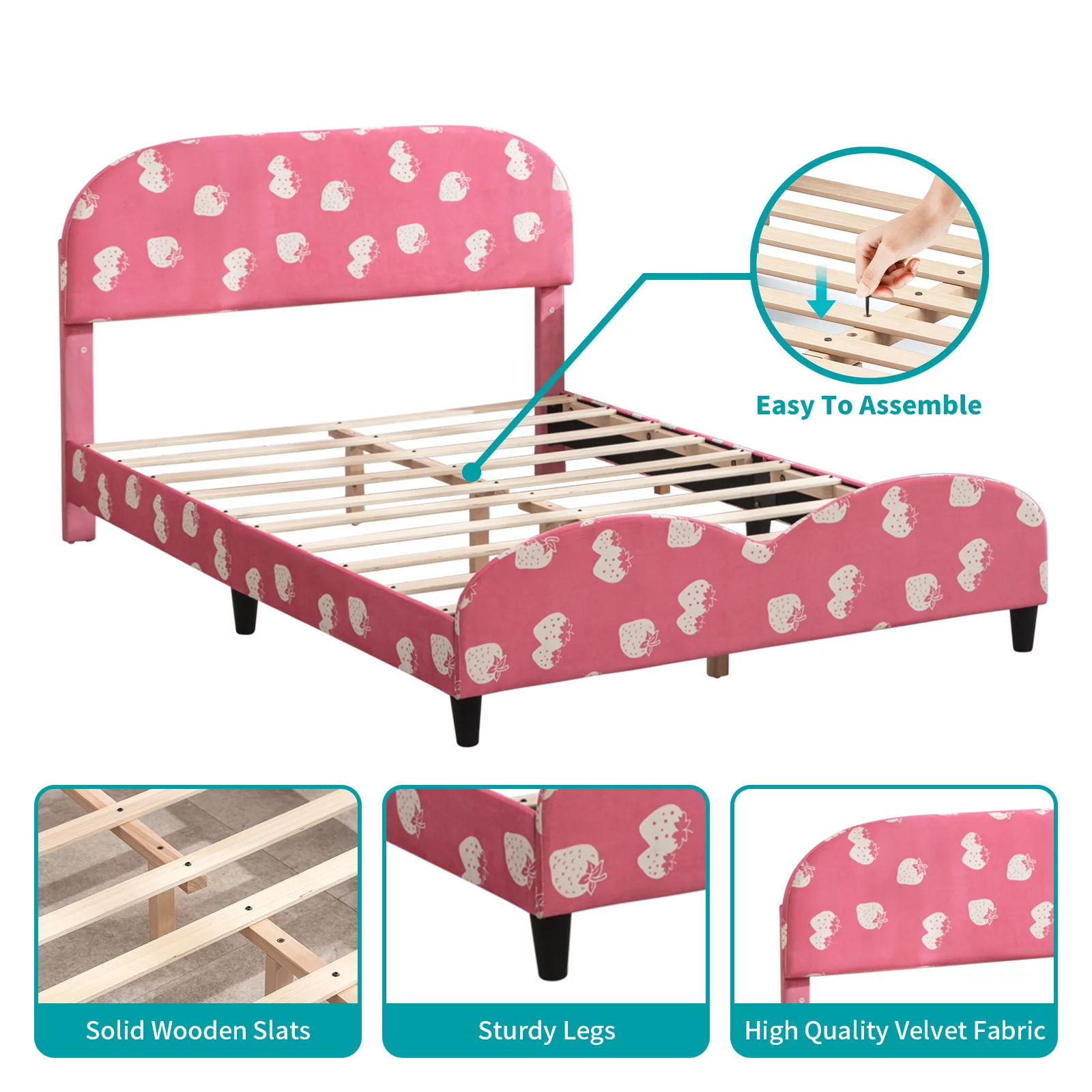 BALUS Kids Twin Bed Frame, Smooth Curved Upholstered Headboard and Footboard, Strawberry Patterns Design, Children's Protective, Easy Assembly, Pink