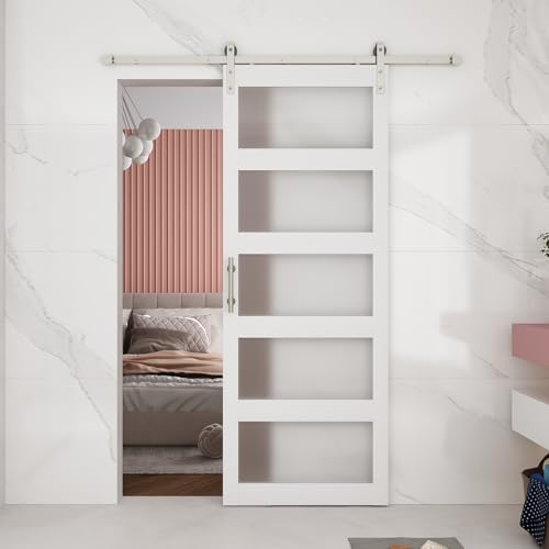 BARNSMITH 42in x 84in Glass Barn Door with 7FT Sliding Door Hardware Kit Included & Handle