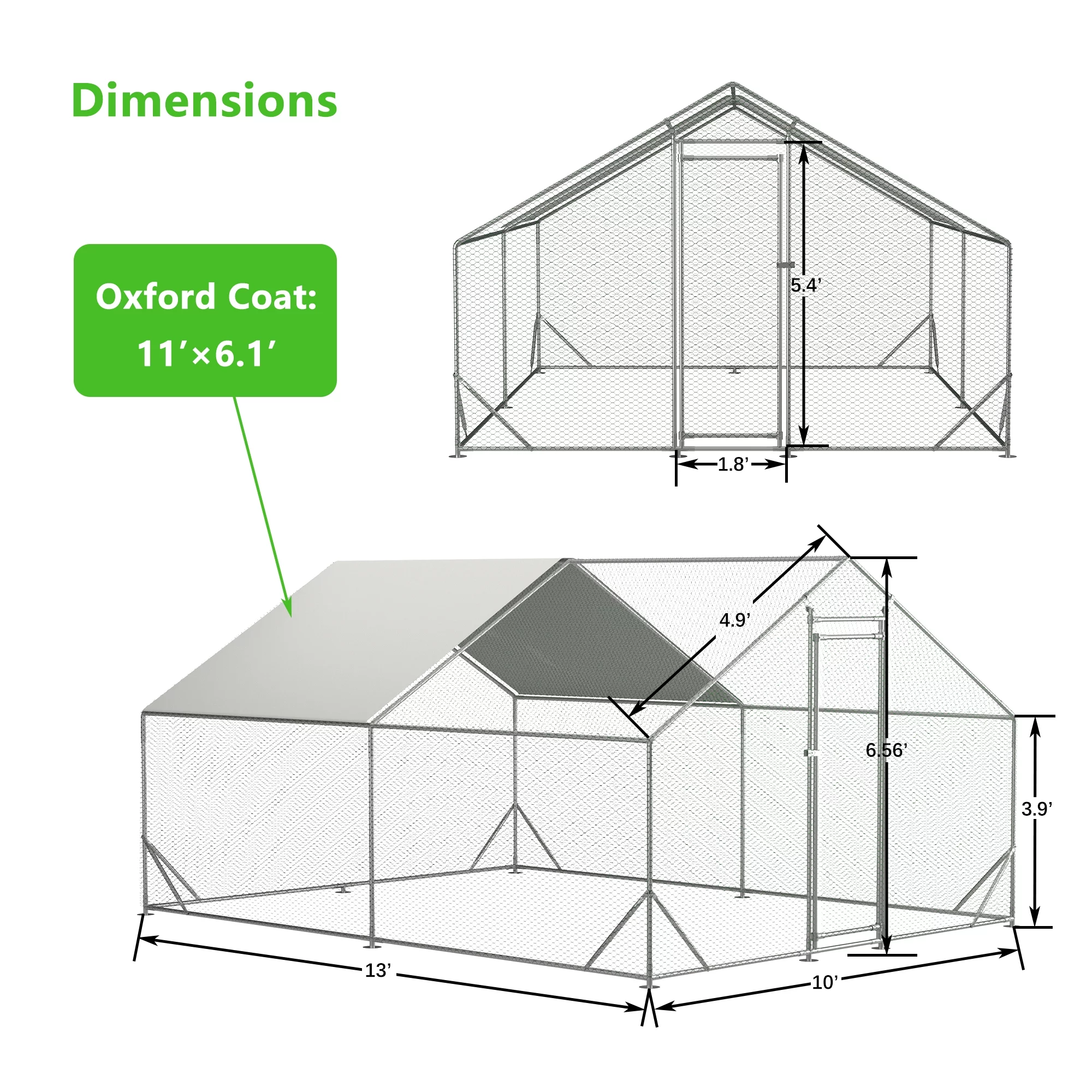Large Metal Chicken Coop, Walk-in Chicken Run with Waterproof and Anti-Ultraviolet Cover for Backyard Farm(10' L x 13 W x 6.56' H)