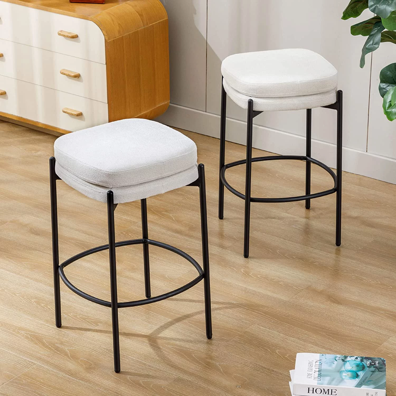 Duhome Boucle Fabric Bar Stools Set of 2 Modern Barstools Counter Stools 26" Stools for Kitchen Island Backless Bar Chairs, Cream White
