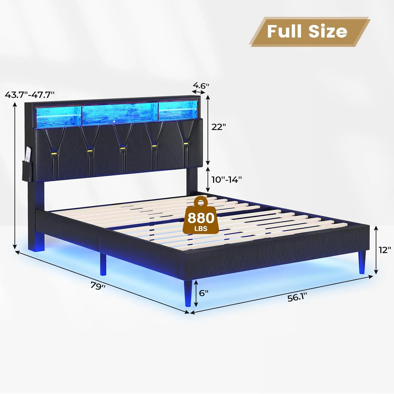 Full Size LED Bed Frame with Upholstered Storage Headboard,Platform Bed with Charging Station and LED Lights,Adjustable Headboard