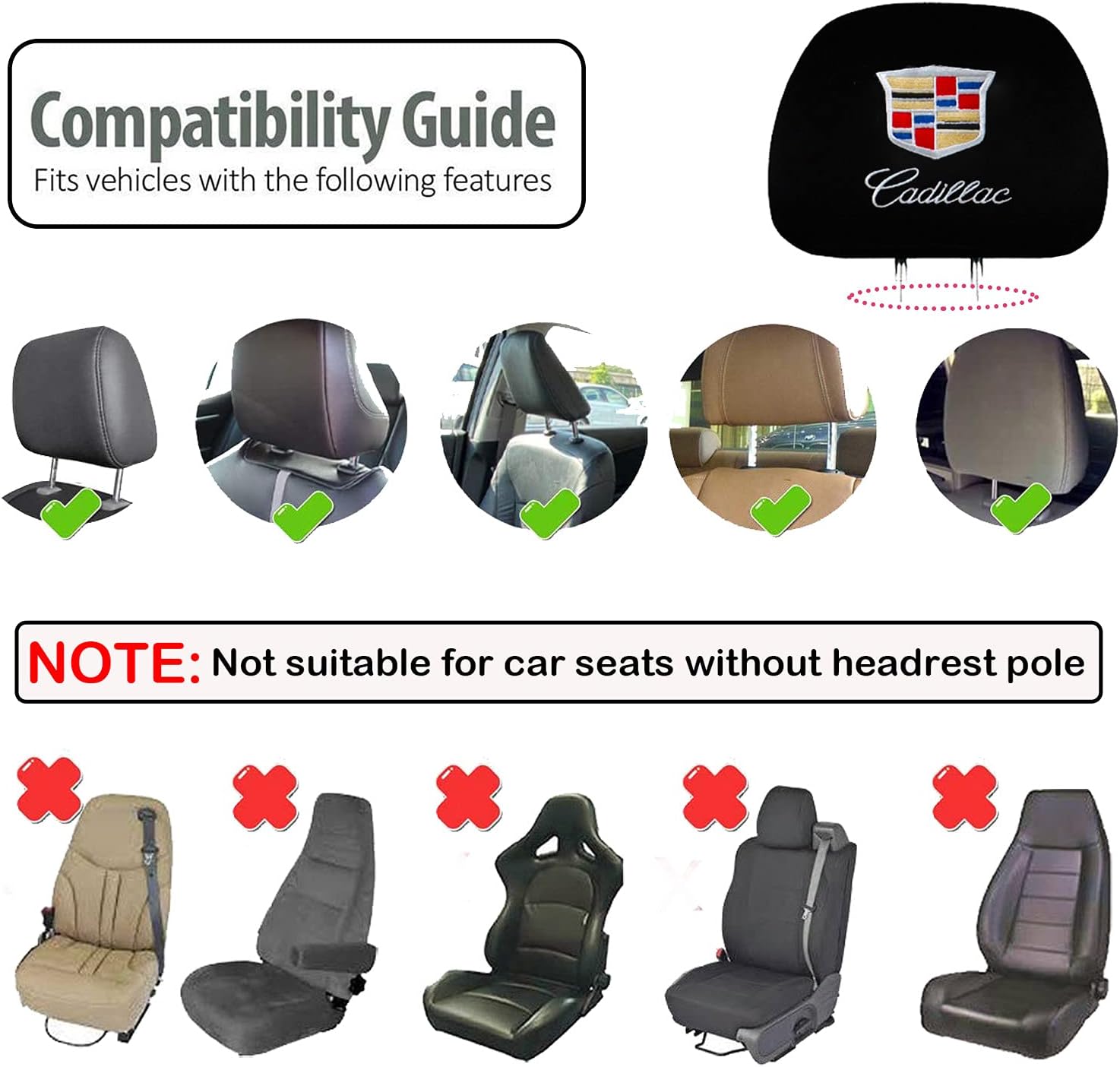 Lan yu 2Pcs Universal Cadillac Embroidered Headrest Cover ,Black Soft Elastic Auto Headrest Covers Fit for Cadillac Vehicles Interior Accessories