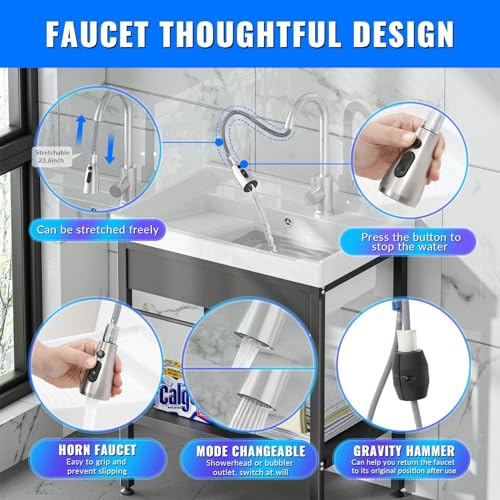 Stainless Steel Utility Sink, 30.8" × 22" × 39.5"Freestanding Sink with Cold and Hot Water Faucet,Hoses and Drain Kit for Kitchens, Bathrooms, Garage