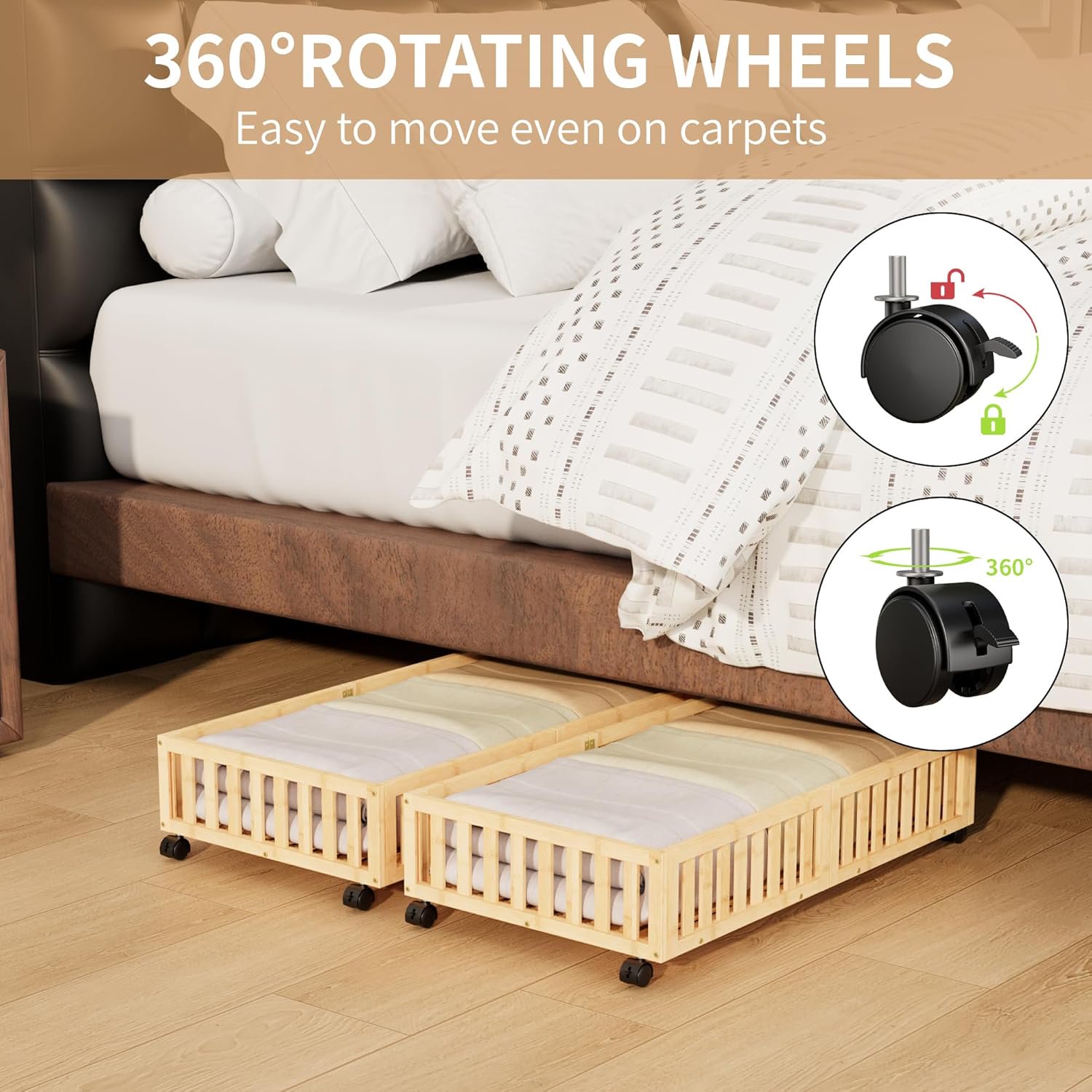 Bamboo Under Bed Storage with Wheels (2-Pack) – Rolling Underbed Shoe Organizer Box for Shoes, Blankets, Toys
