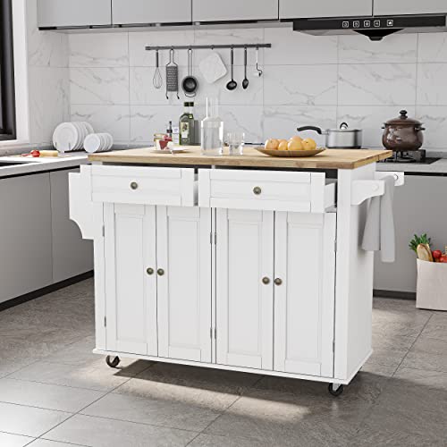 Kitchen Cart with Wood Top and Drop Leaf Breakfast Bar, Rolling Mobile Kitchen Island Table on Wheels with Drawer and Storage Cabinet, Spice Rack