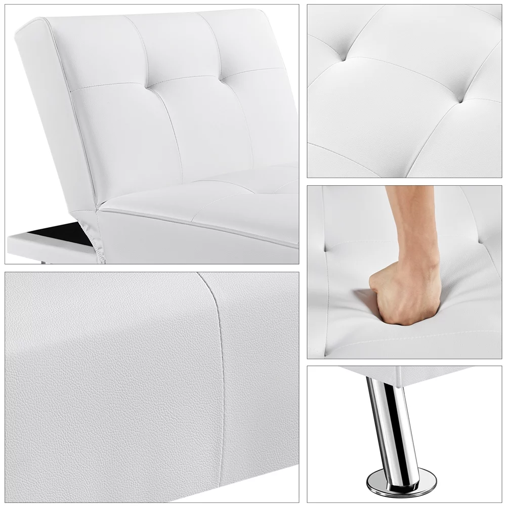 Easyfashion Convertible Faux Leather Futon Chaise Lounge, White