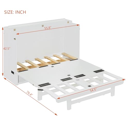 Harper & Bright Designs Full Size Murphy Bed Cabinet Wall Bed, Solid Pine Murphy Bed Chest with USB Ports