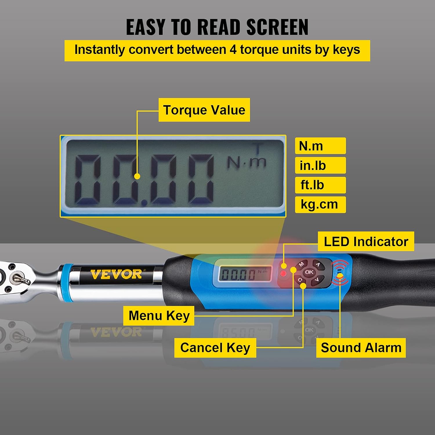 VEVOR Digital Torque Wrench, 3/8 Drive Electronic Torque Wrench, Torque Wrench Kit 1.1-22.12 ft-lbs Torque Range Accurate to ±2%