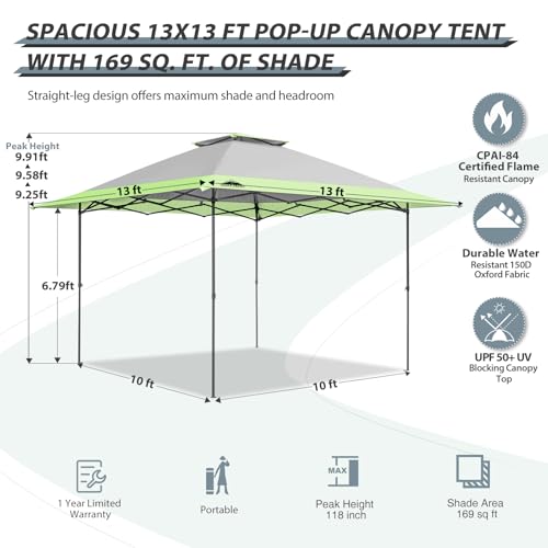 EAGLE PEAK 13x13 Straight Leg Pop Up Canopy Tent Instant Outdoor Canopy Easy Single Person Set up Folding Shelter w/Auto Extending Eaves 169 Square