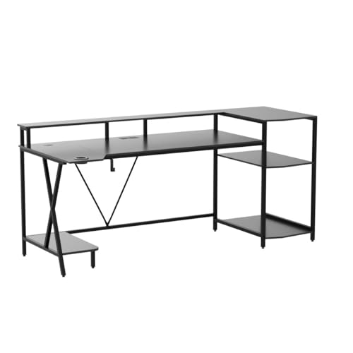 SEDETA Gaming Desk 70.8'' with LED Lights and Storage Shelves, Computer Desk with Monitor Stand, Power Outlets and Cup Holder, Large PC Gamer Desk