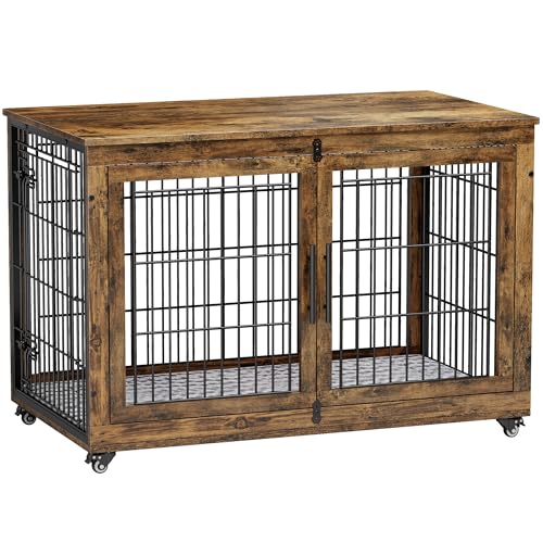 Lulive Dog Crate Furniture for Medium Dogs, 32'' Dog Kennel Indoor with Cushion & Wheels Wooden Dog Cage Double Doors Dog Crate End Table, Grey