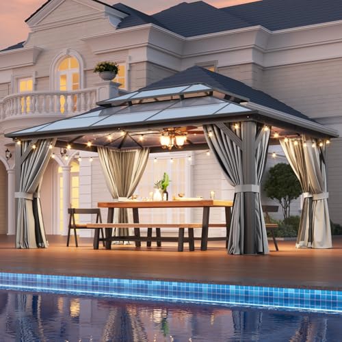 Aoxun 12'x16' Hardtop Gazebo, Aluminum Frame Permanent Pavilion with Netting and Curtains, Outdoor Polycarbonate Double Roof Canopy