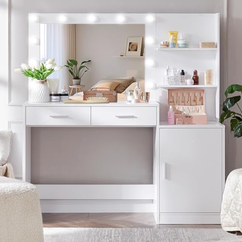 Vanity Desk with Mirror and LED Light Strip,Dressing Table with Large Drawer, 3 Level Storage Dresser & 3 Lighting Modes Adjustable Brightness