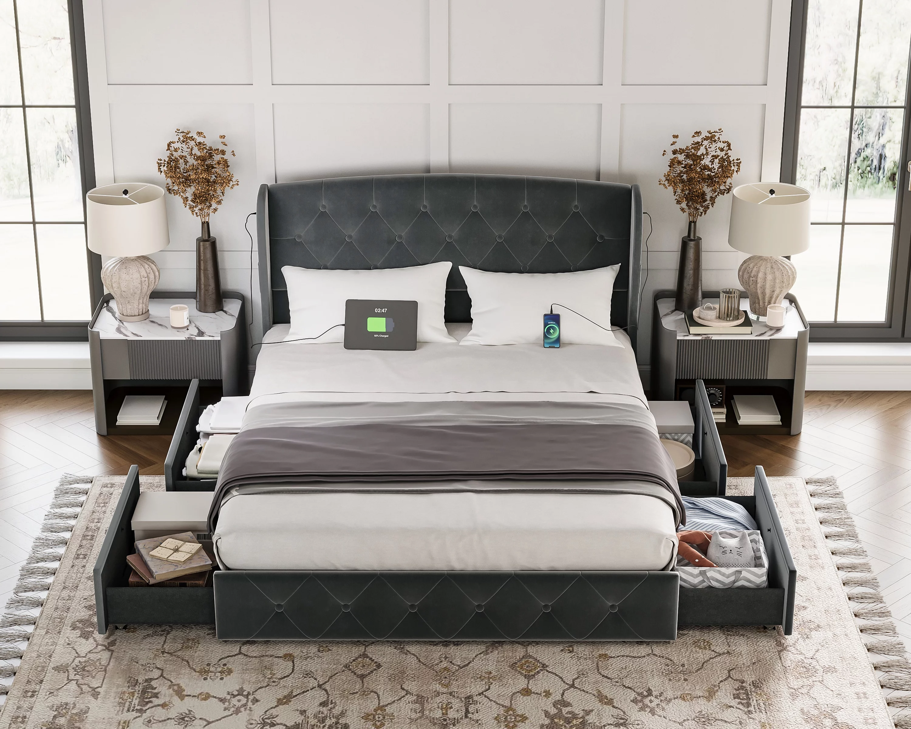 Linsy Home Upholstered Queen Size Platform Bed Frame with Headboard and 4 Storage Drawers, Storage Bed with Remote RGB Lights & Fast Charger