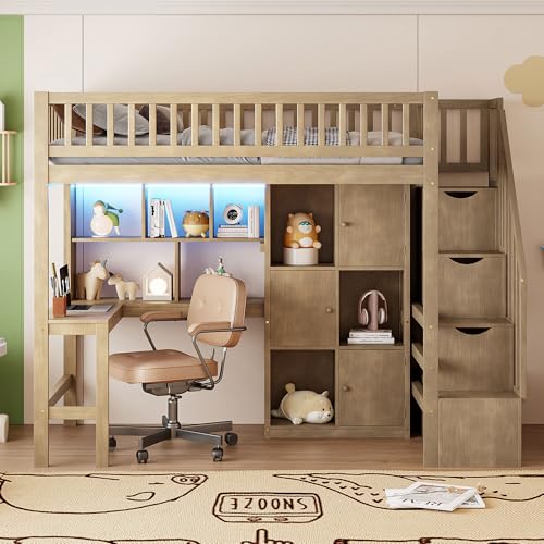 Gaming Bed with Desk,Wardrobe,Ample Storage Space,and RGB LED Light, Full Size Wood Loft Bed for Kids Bedroom (Cloud Blue/K)