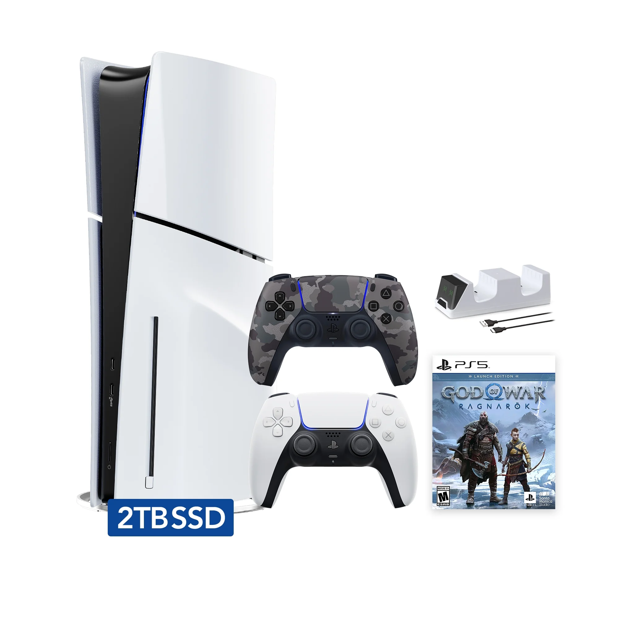 PlayStation 5 Slim Disc 2TB SSD Edition God of War Ragnarok Bundle with Two Controllers White and Gray Camouflage DualSense and Mytrix Dual