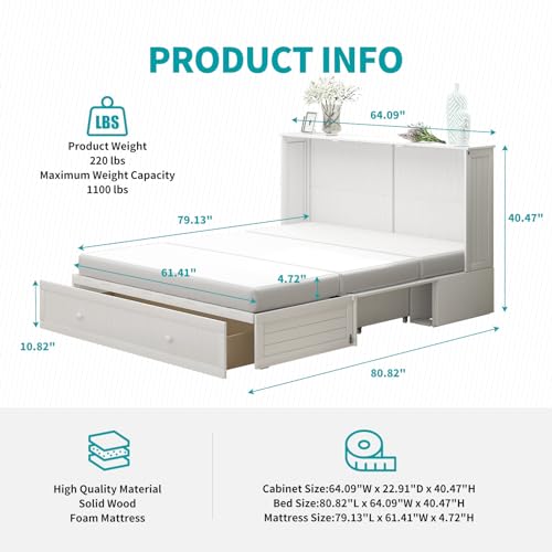 BALUS Queen Murphy Bed Cabinet, Murphy Beds with USB Charging Station, Foldable Mattress