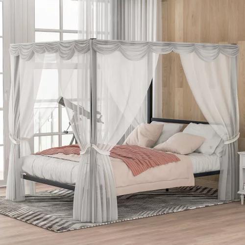 Queen Canopy Bed Frame Metal Four Posters 14 inch Platform with Built-in Headboard Strong Metal Slat Mattress Support,No Box Spring Needed, Black