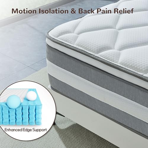 Queen Mattress, 14 Inch Hybrid Mattresses in a Box, Individually Wrapped Pocket Coils for Isolate Motion, Gel Memory Foam, Medium Firm Support