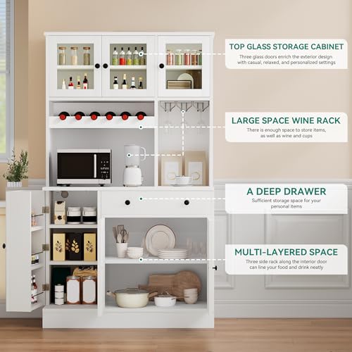 YITAHOME Kitchen Pantry Cabinet with Wine Rack & Power Outlet, 71" H Tall Storage Cabinet with Doors, Shelves, Drawer