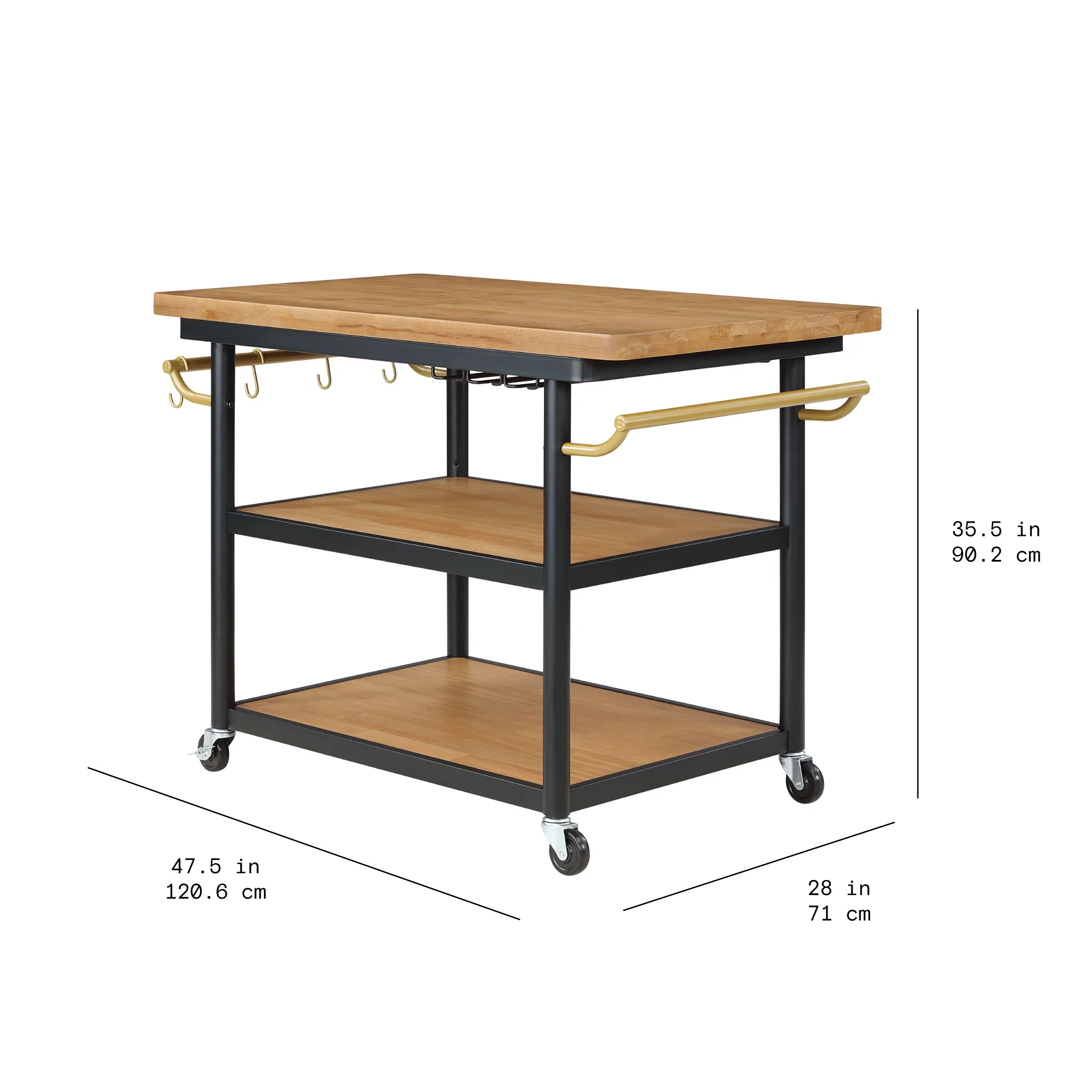 Beautiful Wheeled Kitchen Cart with 2 lower shelves by Drew Barrymore, Black Finish