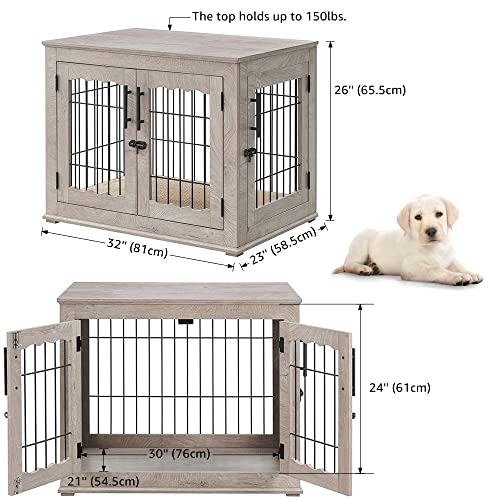 beeNbkks Furniture Style Dog Crate End Table, Double Doors Wooden Wire Dog Kennel with Pet Bed, Decorative Pet Crate Dog House Indoor Medium Large