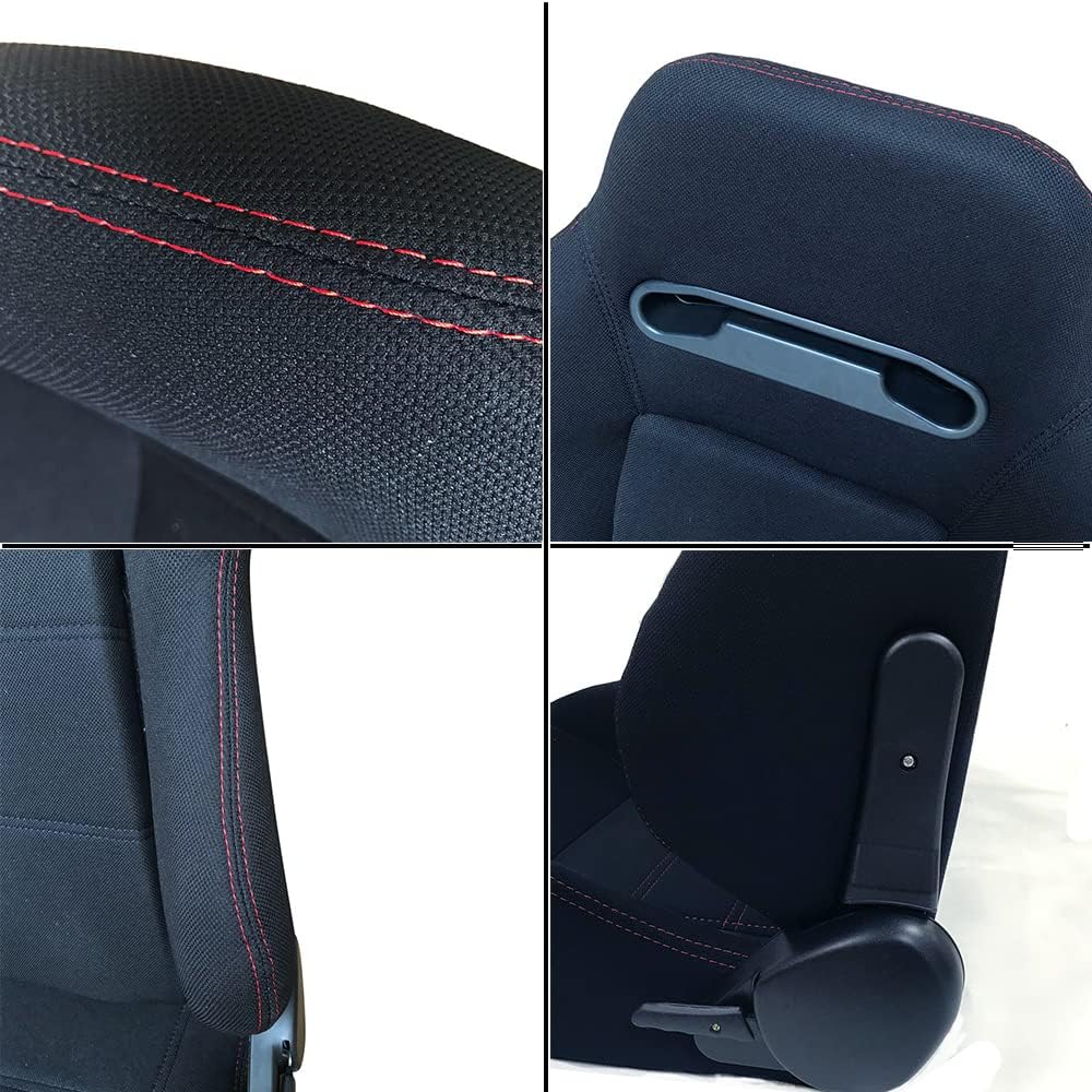 Parts-Diyer Racing Bucket Seats for Car Universal Bucket Reclinable Sports Racing Seats with Sliders Rails Red Stitch Black Cloth Set of 2