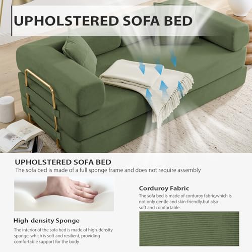 4-in-1 Folding Convertible Sofa Bed, 78 Inch Boneless Couch with Fixed-Shape Frame, Corduroy Loveseat Sleeper with Pull Out Bed