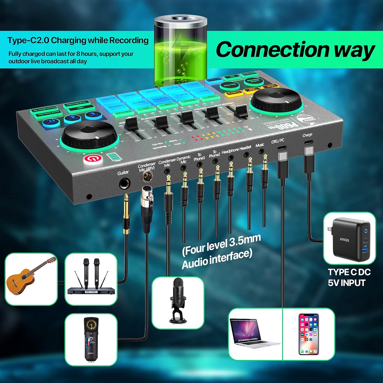 Professional Podcast Audio Mixer, DJ Mixer Sound Card, Full-featured DJ Mixer Controller with BT 5.0 Type C USB Interface for PC, Laptop