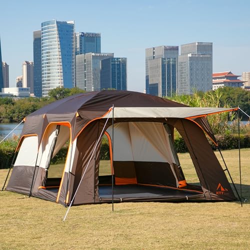 KTT Extra Large Tent 10-12-14 Person(B),Family Cabin Tents,2 Rooms,3 Doors and 3 Windows with Mesh,Straight Wall,Waterproof,Double Layer
