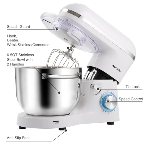 Aucma Stand Mixer,6.5-QT 660W 6-Speed Tilt-Head Food Mixer, Kitchen Electric Mixer with Dough Hook, Wire Whip & Beater (6.5QT, Black)