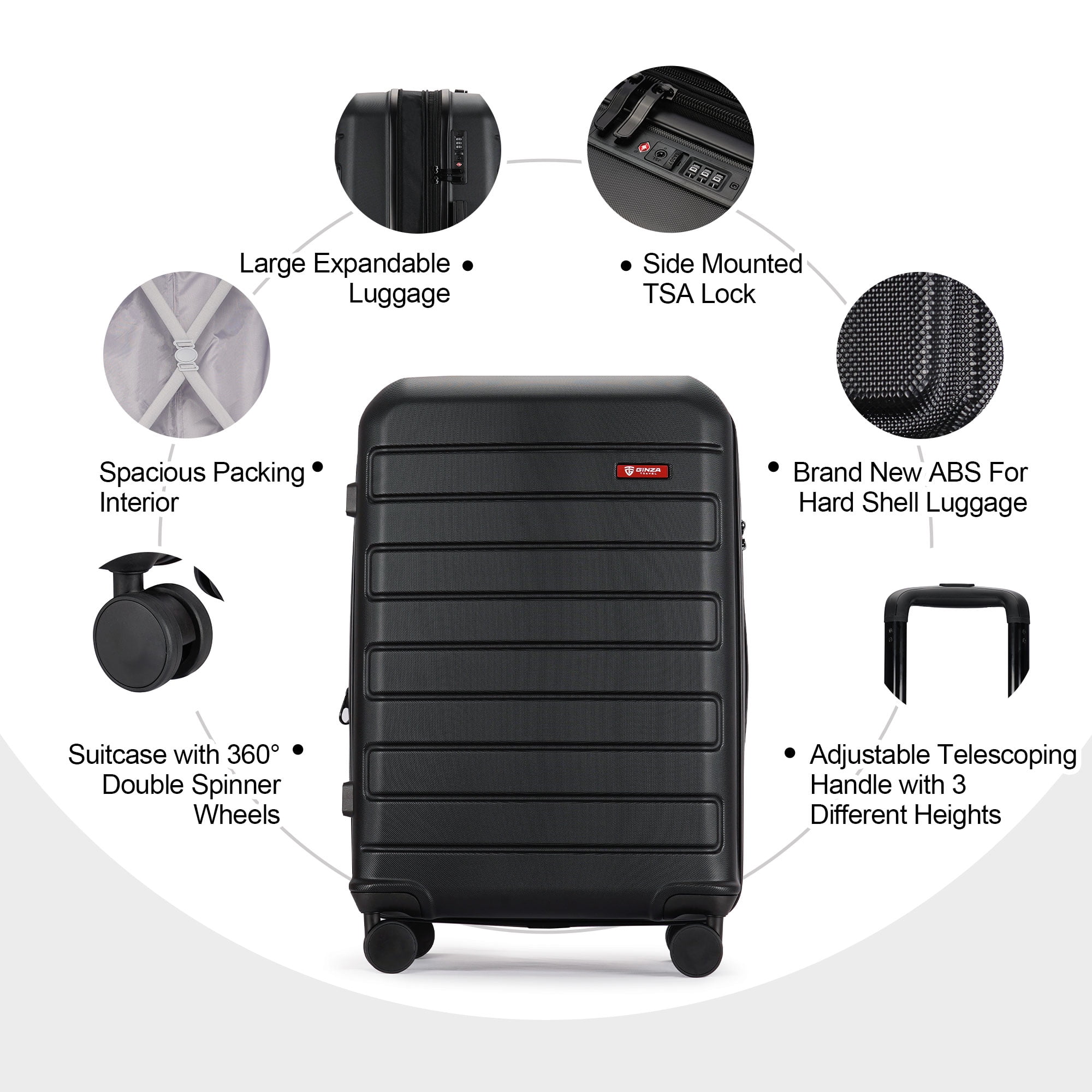 GinzaTravel 3 Piece Expandable Luggage Sets,Large Hard Side Suitcase with Wheels&TSA Lock,Black