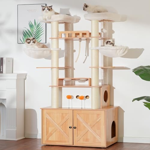 Heybly Cat Tree for Maine Coon with Litter Box Enclosure, 72-inch Wooden Cat Tower for Indoor Cats Large Adult, Big Condo with Food Station, Baskets