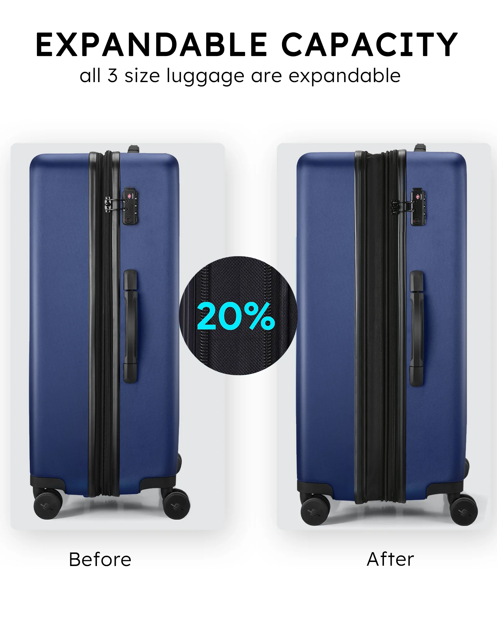 Hard Expandable Luggage Sets with Double Spinner Wheels, TSA Lock, 3-Piece Suitcase Sets, Dark Blue