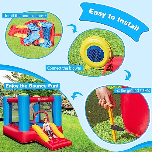 OLAKIDS Inflatable Bounce House, 3 in 1 Kids Jumping Castle with Large Bouncing Area, Slide, Basketball Rim