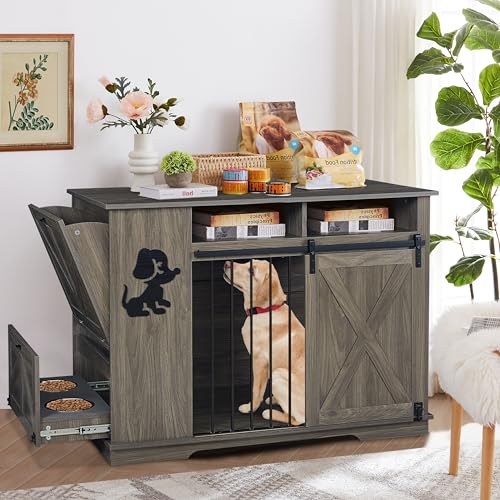 Aoowow Large Double Dog Crate Furniture 72.4" Indoor Dog Kennel with Sliding Barn Door and Divider