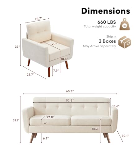Tbfit L Shaped Couch Sofa, 80" W Mid-Century Modern Sectional Couches, 3 Seater Sofas with Wide Chaise Lounge & Two Pillows