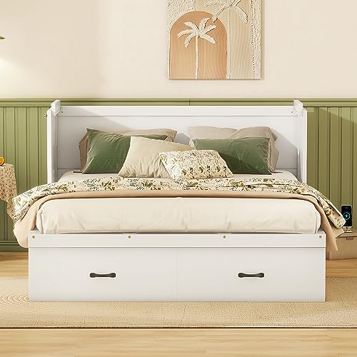 Ball & Cast Queen Size Solid Pine Murphy Bed Chest,Cabinet Hideaway Bed with Charging Station and Large Storage Drawer,Wood Wall Bed can be Folded