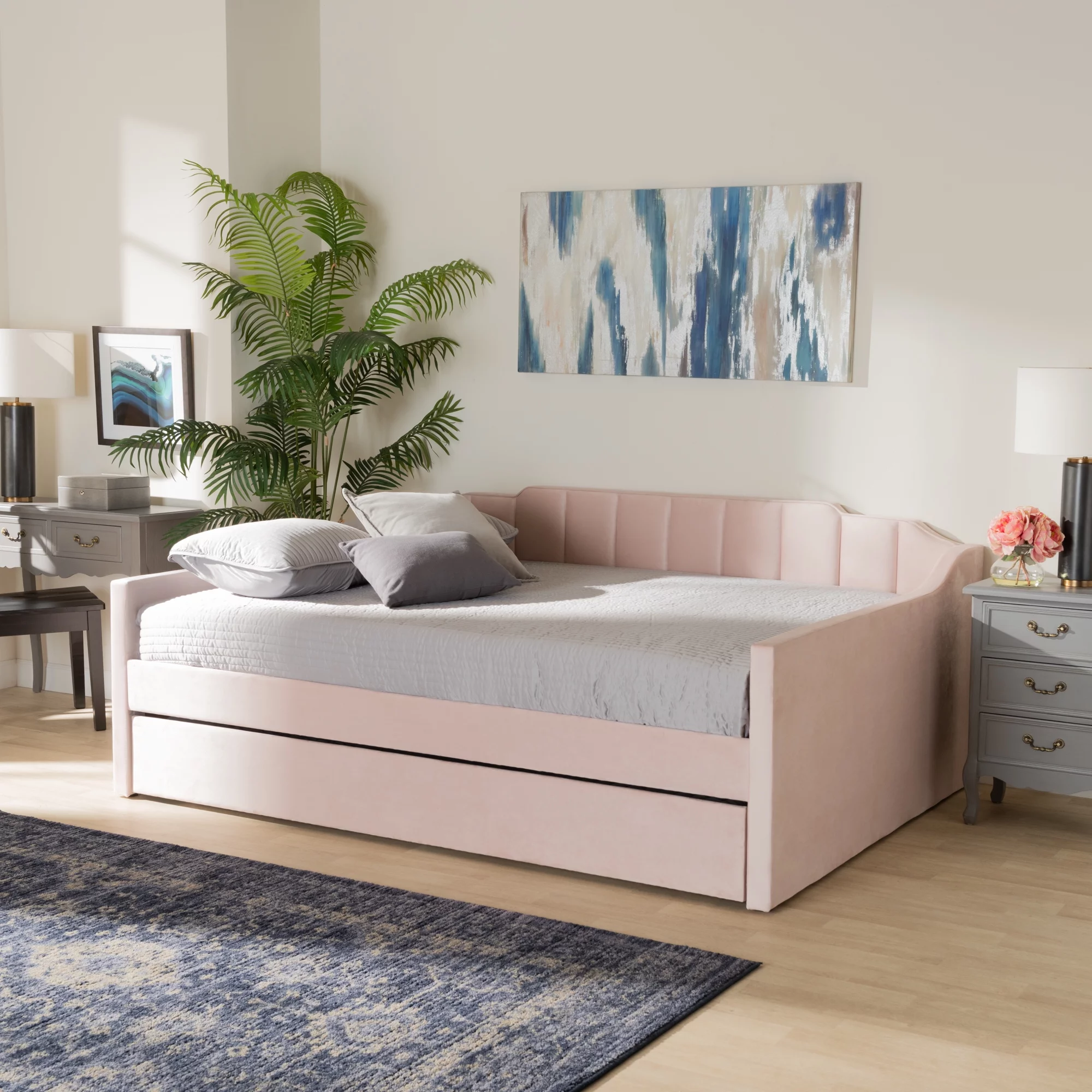 Baxton Studio Lennon Modern Engineered Wood with Trundle Daybed, Queen, Pink