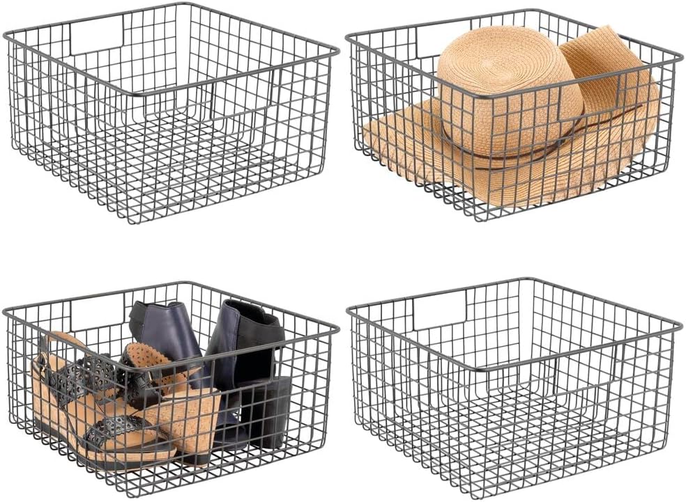 mDesign Farmhouse Decor Metal Wire Closet Storage Bin Baskets with Handles for Organizing Closets, Shelves, and Cabinets in Bedrooms, Bathrooms