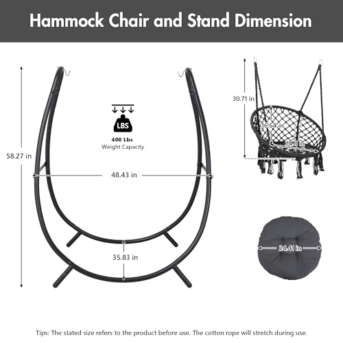 ANOW Macrame Hammock Chair with Stand for Outside, Heavy Duty Hanging Chair Stand with Swing Chair, Includes Seat Cushion, Max 400 Lbs, Natural