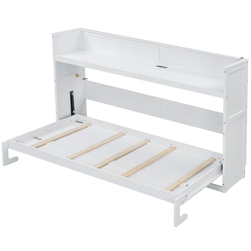 Queen Size Farmhouse Murphy Bed Cabinet with Charging Station, Foldable Platform Bed Frame with 2 Storage Drawers